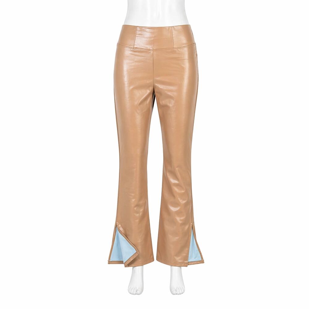 High waist flared ankle length faux leather tan pants women 6 small bikercore